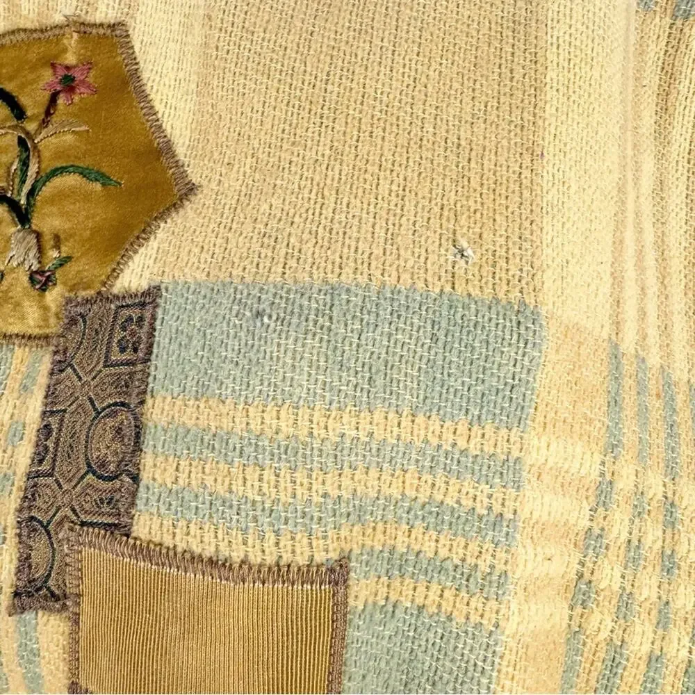 Vintage Artsy Lagenlook Patchwork Knit Single Button Poncho Wrap Shawl Yellow OS